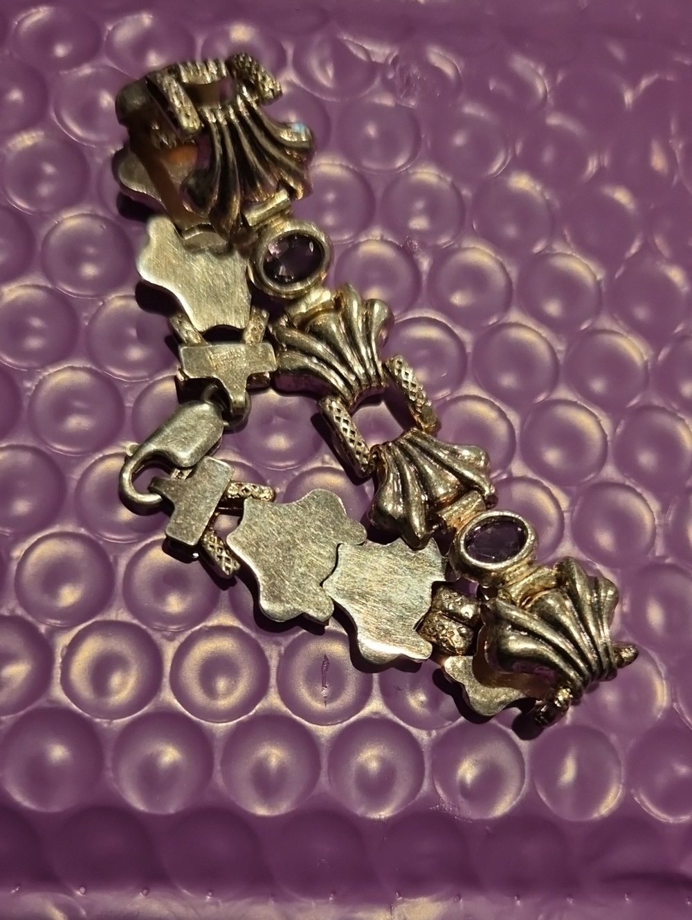 Vintage MILOR Sterling Silver & Gem Cut Amethyst Link Bracelet, Puffy Shell